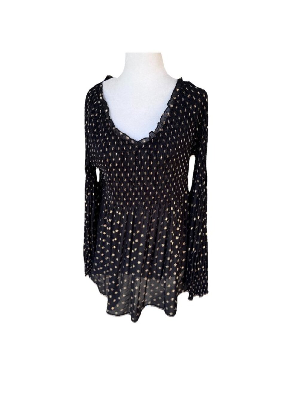 Melissa Paige Smocked Peplum Long Sleeve Top Women Size Large Black Gold Dots
